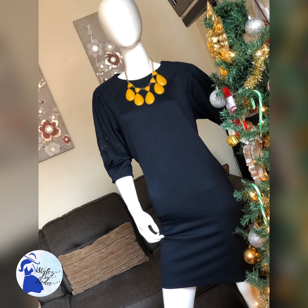 Navy A-Line Puffy Sleeve Dress